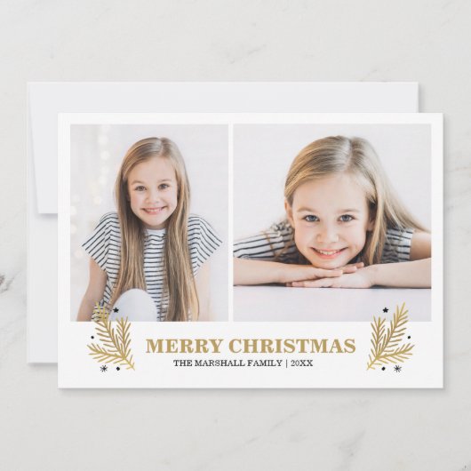 明るい金ゴールドホワイトブラックパインクリスマス2の写真 招待状 (正面)
