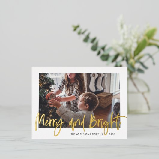 明るい金メリー箔のスクリプト写真クリスマス 箔シーズンポストカード (立ち正面)