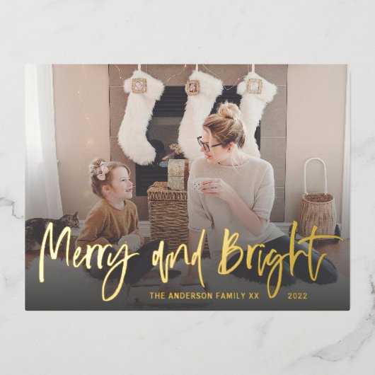 明るい金メリー箔のスクリプト写真クリスマス 箔シーズンポストカード (正面)
