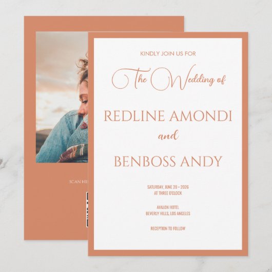 明るい銅のエレガントなモダンカリグラフィー結婚式 招待状 (正面/裏面)