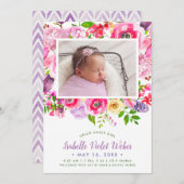 明るい開花ベビーガール写真誕生のお知らせ 案内状 (正面/裏面)