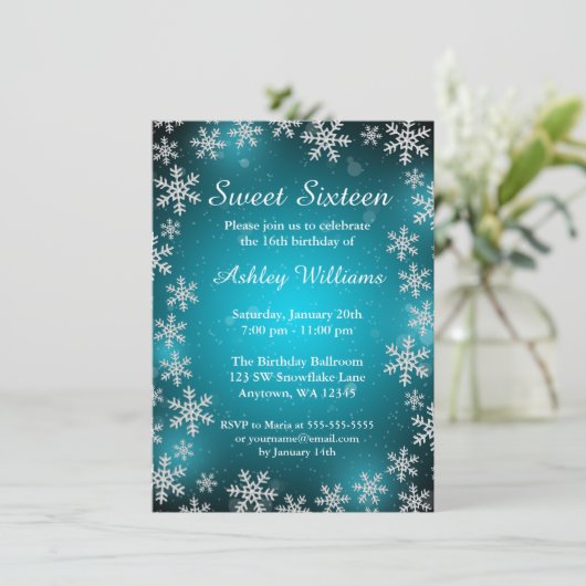 明るい雪片のティール（緑がかった色）の冬の不思議の国の菓子16 招待状 (スタンド正面)