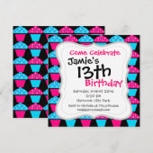 明るい青と熱いピンクのカップケーキの柄 招待状 (正面/裏面)