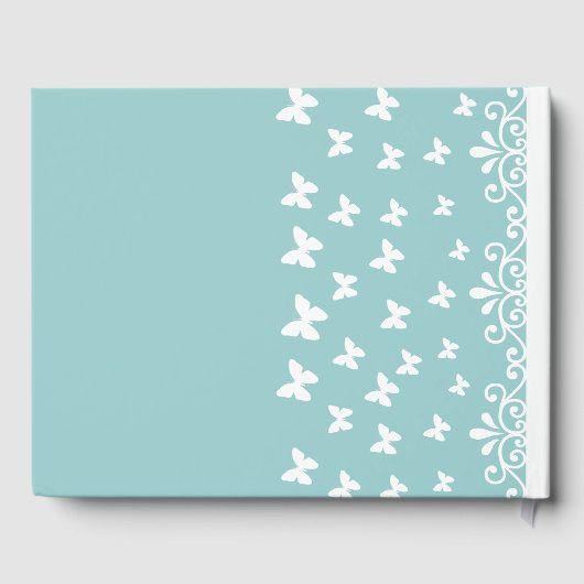 明るい青と白の蝶の渦巻結婚き ゲストブック (裏面)