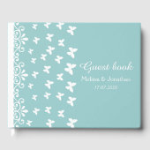 明るい青と白の蝶の渦巻結婚き ゲストブック (正面)