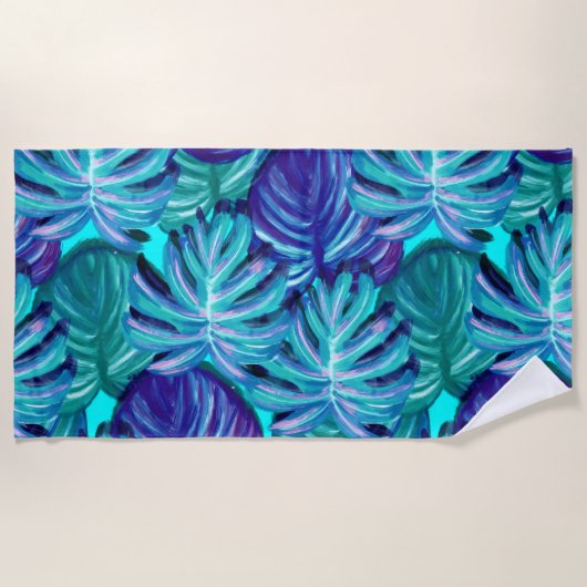 明るい青と緑のヤシの木の葉ラゲッシュbea ビーチタオル (正面)