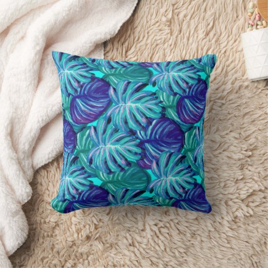 明るい青と緑のヤシの木の葉 クッション (ブランケット)