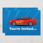 明るい青と赤いスポーツカーの炎の子供たちボーイズ 招待状 (正面/裏面)