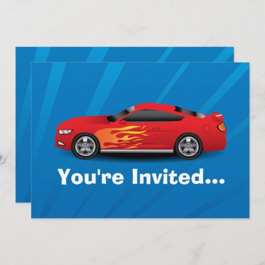 明るい青と赤いスポーツカーの炎の子供たちボーイズ 招待状 (正面/裏面)