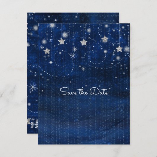 明るい青と銀の星空の遊び心あふれる天体的なデザイン 案内ポストカード (正面/裏面)