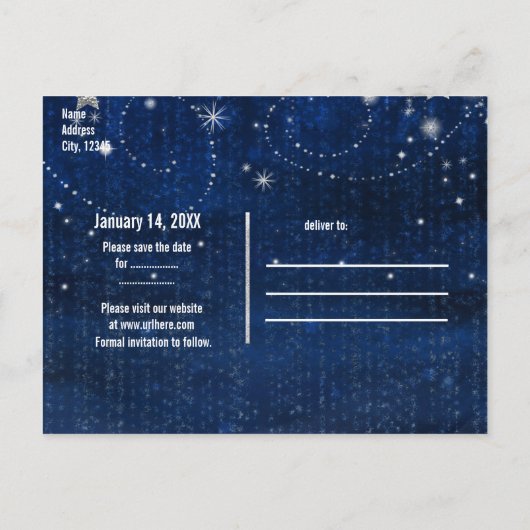 明るい青と銀の星空の遊び心あふれる天体的なデザイン 案内ポストカード (裏面)