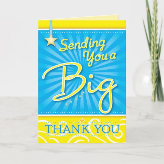 明るい青と黄色の星で大感謝 カード (正面)