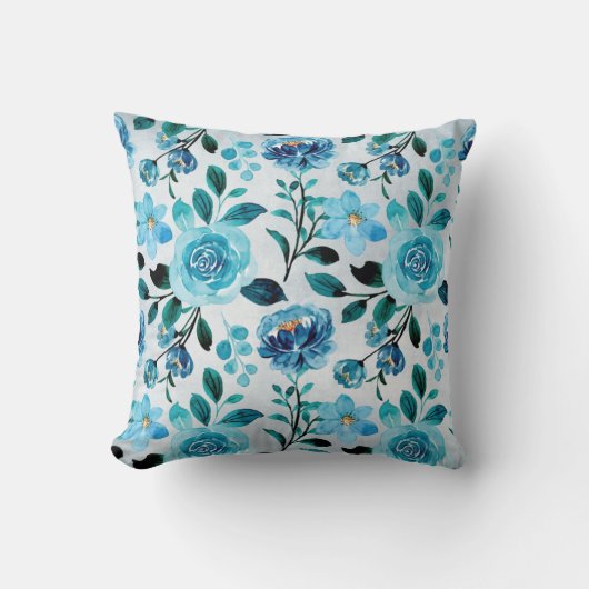 明るい青のカントリーフローラルパターン クッション (正面)