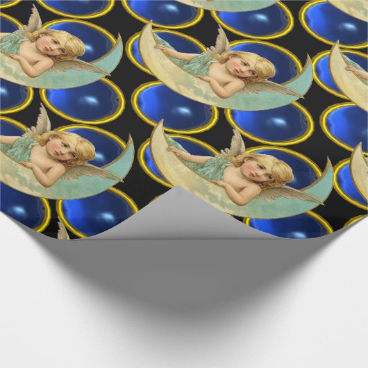 明るい青のサファイアジェムストーンを持つムーンエンジェル ラッピングペーパー (角)