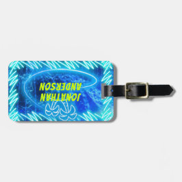 明るい青のネオン白熱［赤熱］光を放つプール水の波パーム ラゲッジタグ