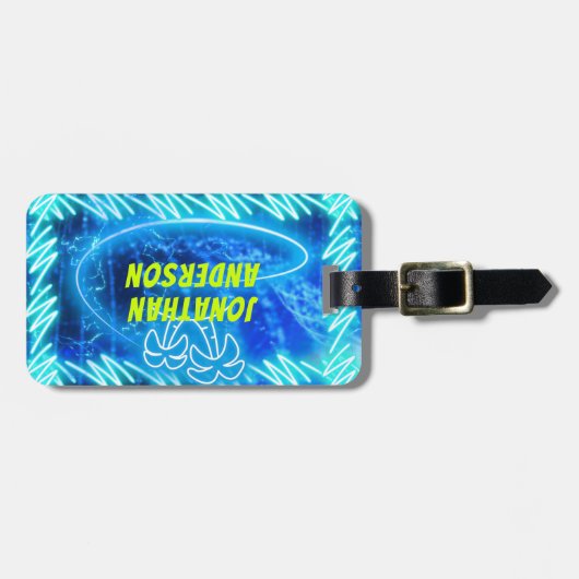 明るい青のネオン白熱［赤熱］光を放つプール水の波パーム ラゲッジタグ (正面横)