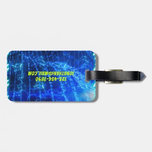 明るい青のネオン白熱［赤熱］光を放つプール水の波パーム ラゲッジタグ (裏面横)