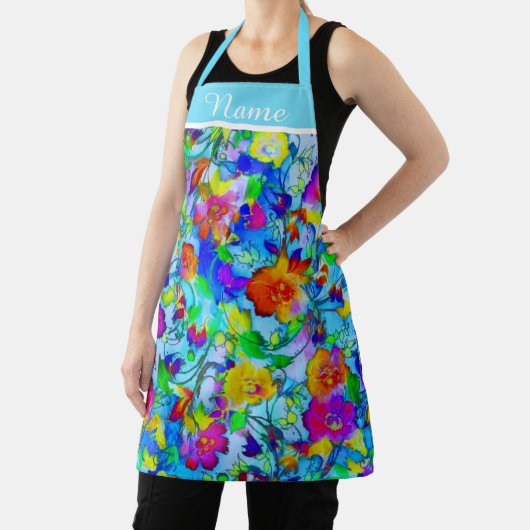 明るい青のフローラ パーソナライズされた エプロン (インサイチュ)