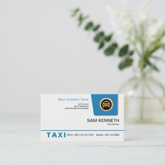 明るい青のプルダウンタブタクシーサービス 名刺 (スタンド正面)