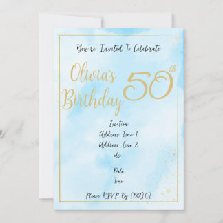 明るい青の水彩と金の縁取りの誕生日 招待状