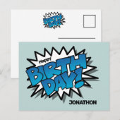 明るい青の漫画文字 - 誕生日おめでとう ポストカード (正面/裏面)