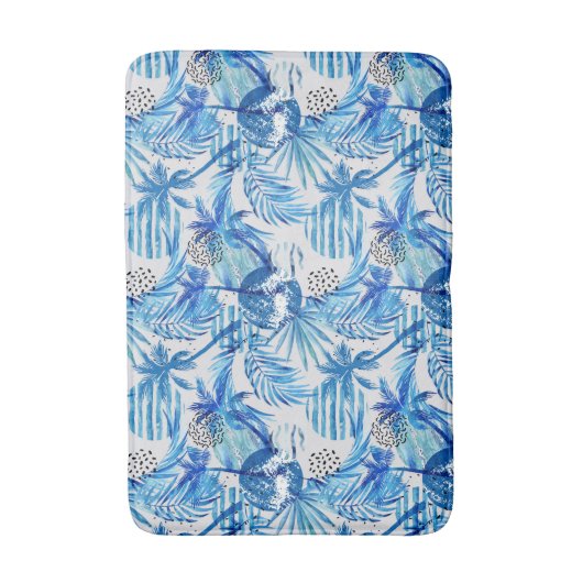 明るい青の熱帯水彩パターン バスマット (正面縦)