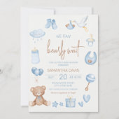 明るい青の男の子の赤ちゃんシャワーを待つことができる 招待状 (正面)