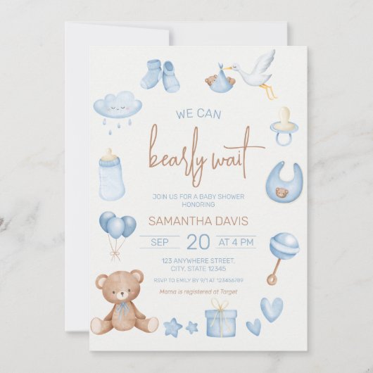 明るい青の男の子の赤ちゃんシャワーを待つことができる 招待状 (正面)