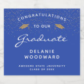 明るい青の白いスクリプト金ゴールドキャップ卒業 スパークリングワインラベル (シングルラベル)