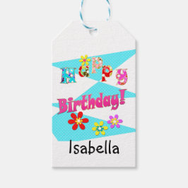 明るい青の白いピンクの子供たちおもしろいの花の漫画のビ ギフトタグ