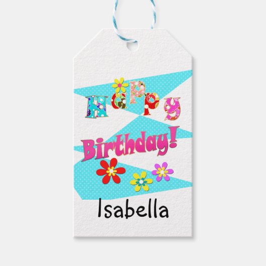 明るい青の白いピンクの子供たちおもしろいの花の漫画のビ ギフトタグ (正面)