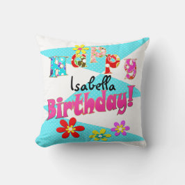 明るい青の白いピンクの子供たちおもしろいの花の漫画のビ クッション