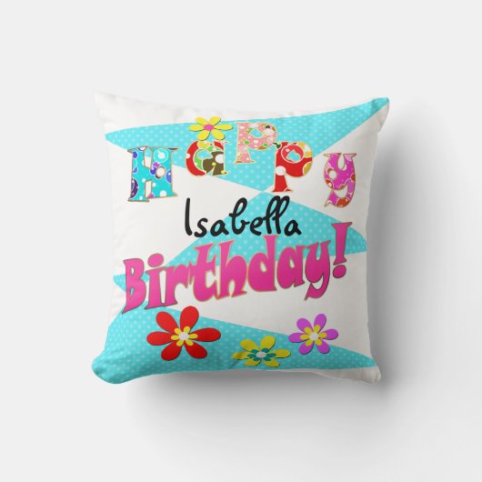 明るい青の白いピンクの子供たちおもしろいの花の漫画のビ クッション (正面)