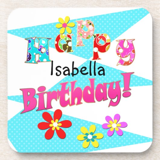 明るい青の白いピンクの子供たちおもしろいの花の漫画のビ コースター (正面)