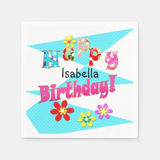 明るい青の白いピンクの子供たちおもしろいの花の漫画のビ スタンダードカクテルナプキン (正面)