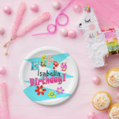 明るい青の白いピンクの子供たちおもしろいの花の漫画のビ ペーパープレート (パーティー)