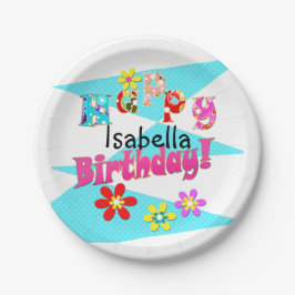 明るい青の白いピンクの子供たちおもしろいの花の漫画のビ ペーパープレート