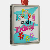 明るい青の白いピンクの子供たちおもしろいの花の漫画のビ メタルオーナメント (右)