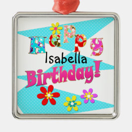 明るい青の白いピンクの子供たちおもしろいの花の漫画のビ メタルオーナメント