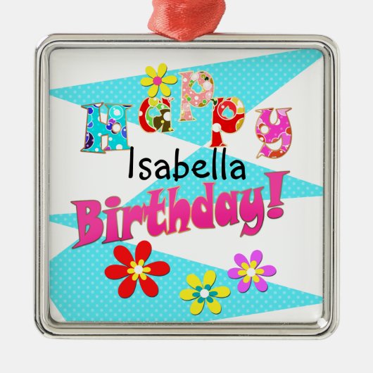 明るい青の白いピンクの子供たちおもしろいの花の漫画のビ メタルオーナメント (正面)