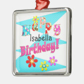 明るい青の白いピンクの子供たちおもしろいの花の漫画のビ メタルオーナメント (左)