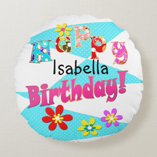 明るい青の白いピンクの子供たちおもしろいの花の漫画のビ ラウンドクッション (正面)