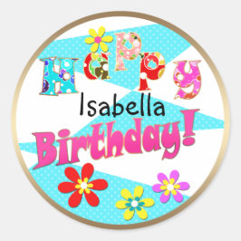 明るい青の白いピンクの子供たちおもしろいの花の漫画のビ ラウンドシール