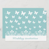 明るい青の白い蝶の渦巻き結婚招待 招待状 (正面/裏面)