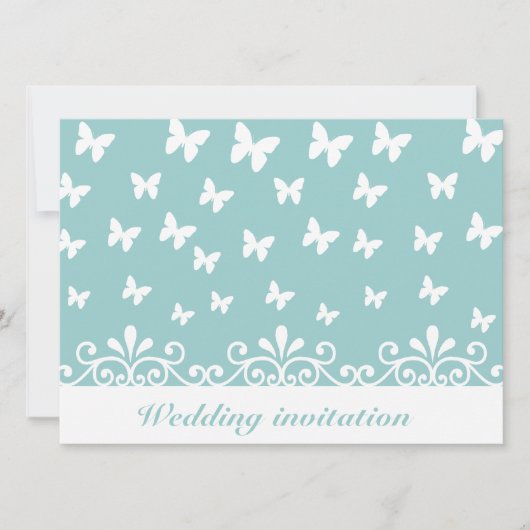 明るい青の白い蝶の渦巻き結婚招待 招待状 (正面)