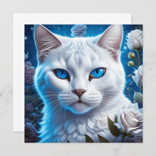 明るい青の目を持つ白猫フローラ (正面/裏面)