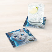 明るい青の目を持つ白猫フローラ ガラスコースター (アングル)