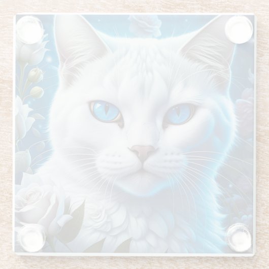 明るい青の目を持つ白猫フローラ ガラスコースター (裏面)