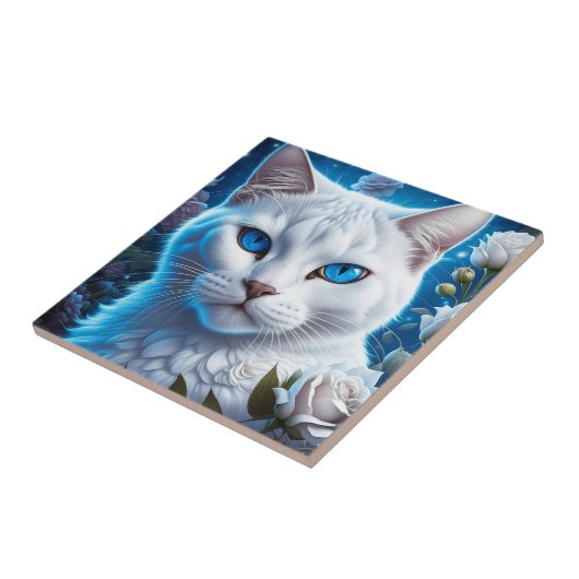 明るい青の目を持つ白猫フローラ タイル (側面)