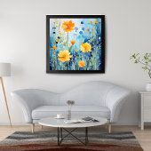 明るい青の背景に金色の花 フォトプリント